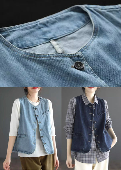 Dark Blue O-neck Pockets Denim Waistcoat Sleeveless