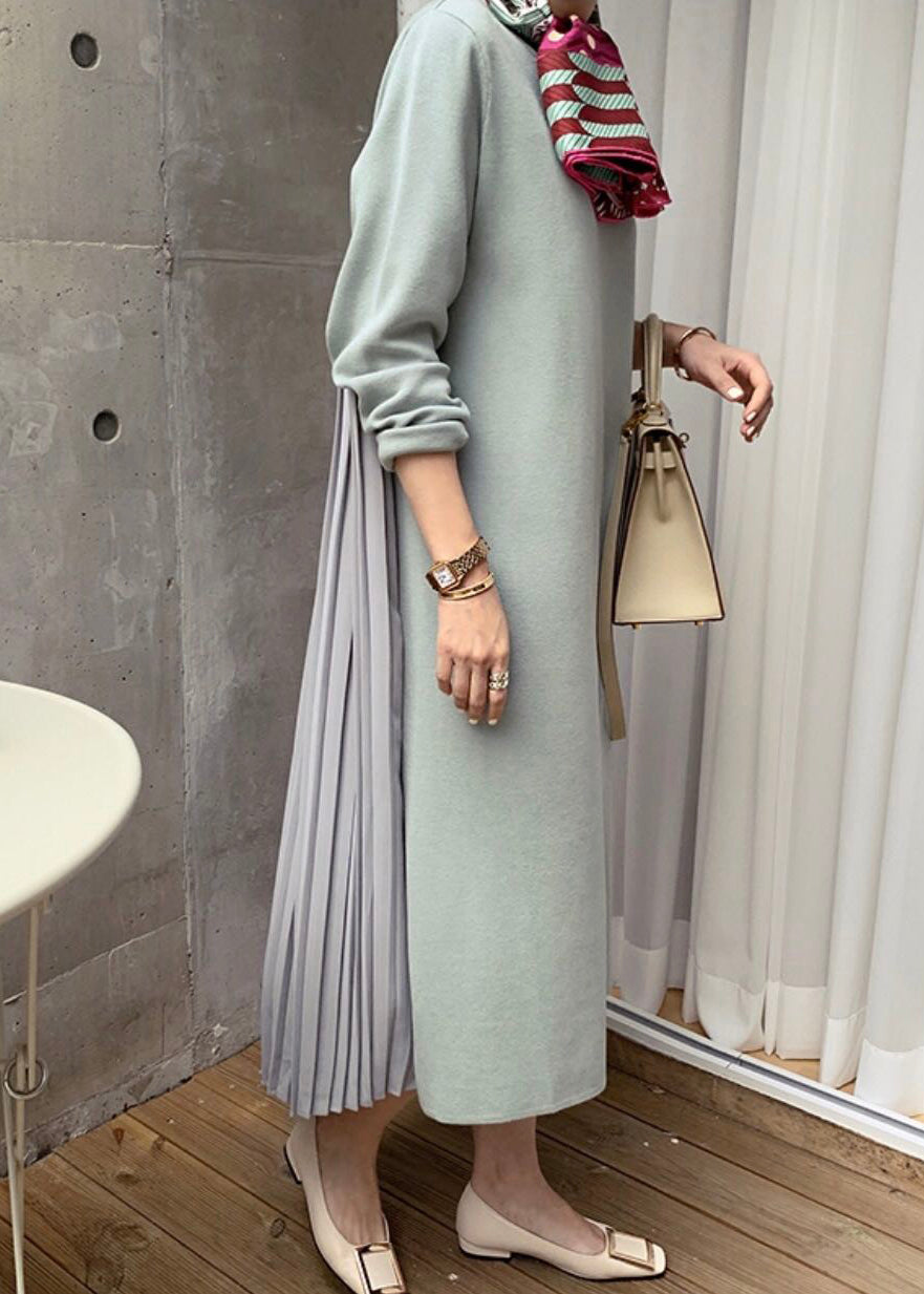 Light Green Wrinkled Patchwork Cotton Winter Sweatshirt Dresses O Neck