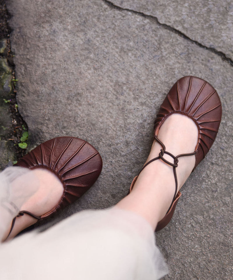 Green Cowhide Leather Water Sandals Hollow Out Wrinkled