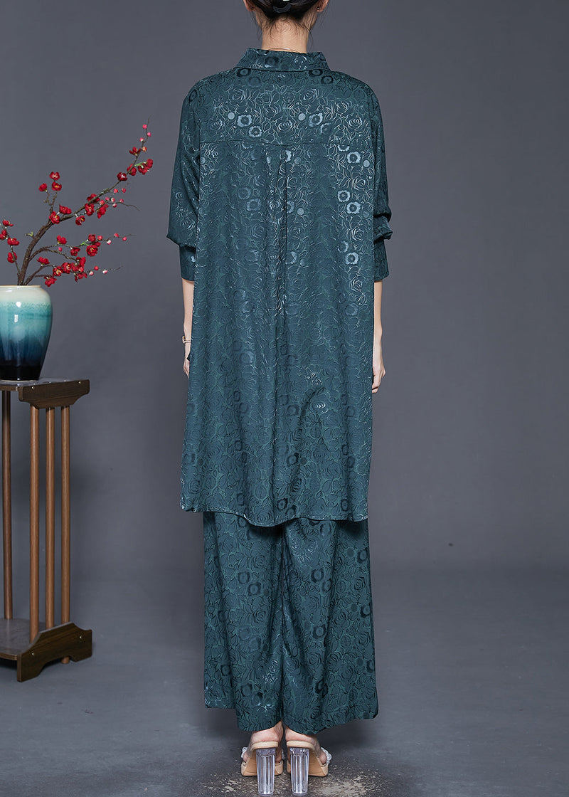 Blackish Green Peter Pan Collar Jacquard Silk Two Pieces Set Fall