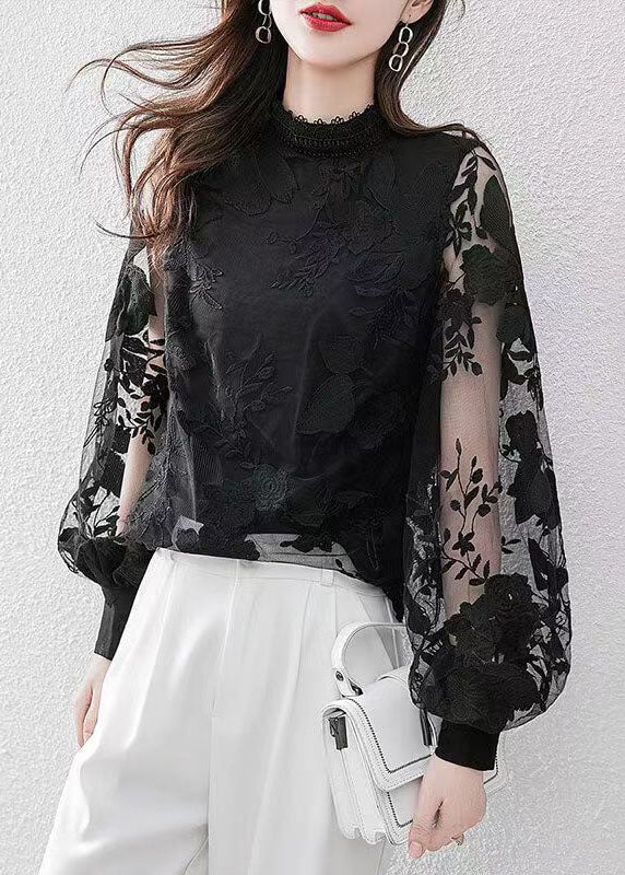 Black O-neck Lace Shirt Puff Sleeve