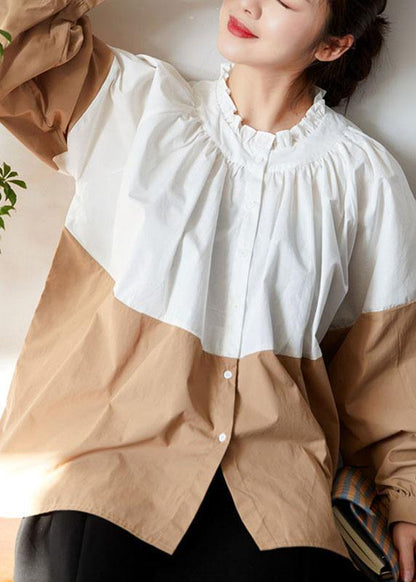 Loose White Colorblock Ruffled Fall Button Long Sleeve Blouses