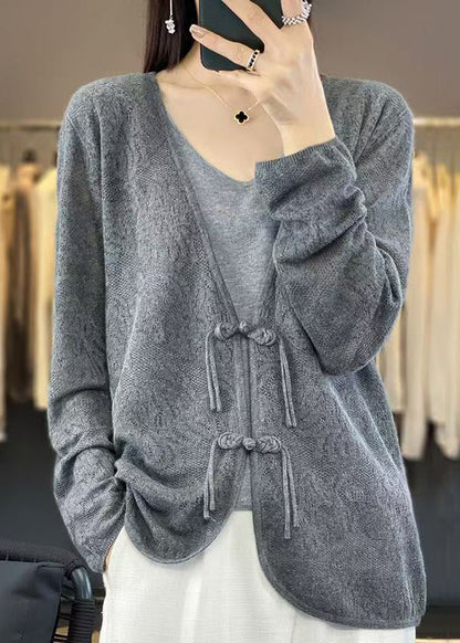 Grey Cozy Knit Cardigans V Neck Long Sleeve