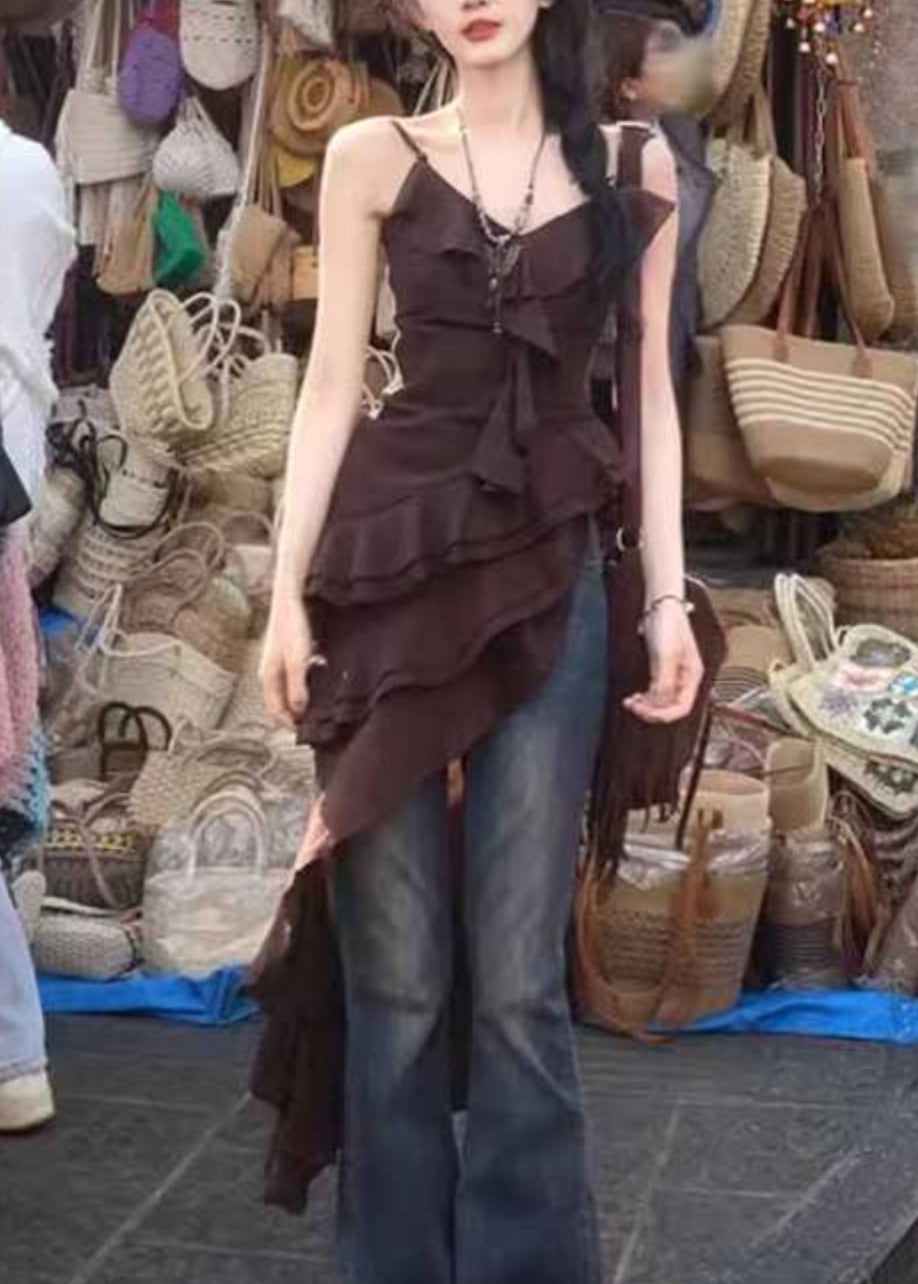 Chocolate V Neck Asymmetrical Ruffled Spaghetti Strap Dress Summer