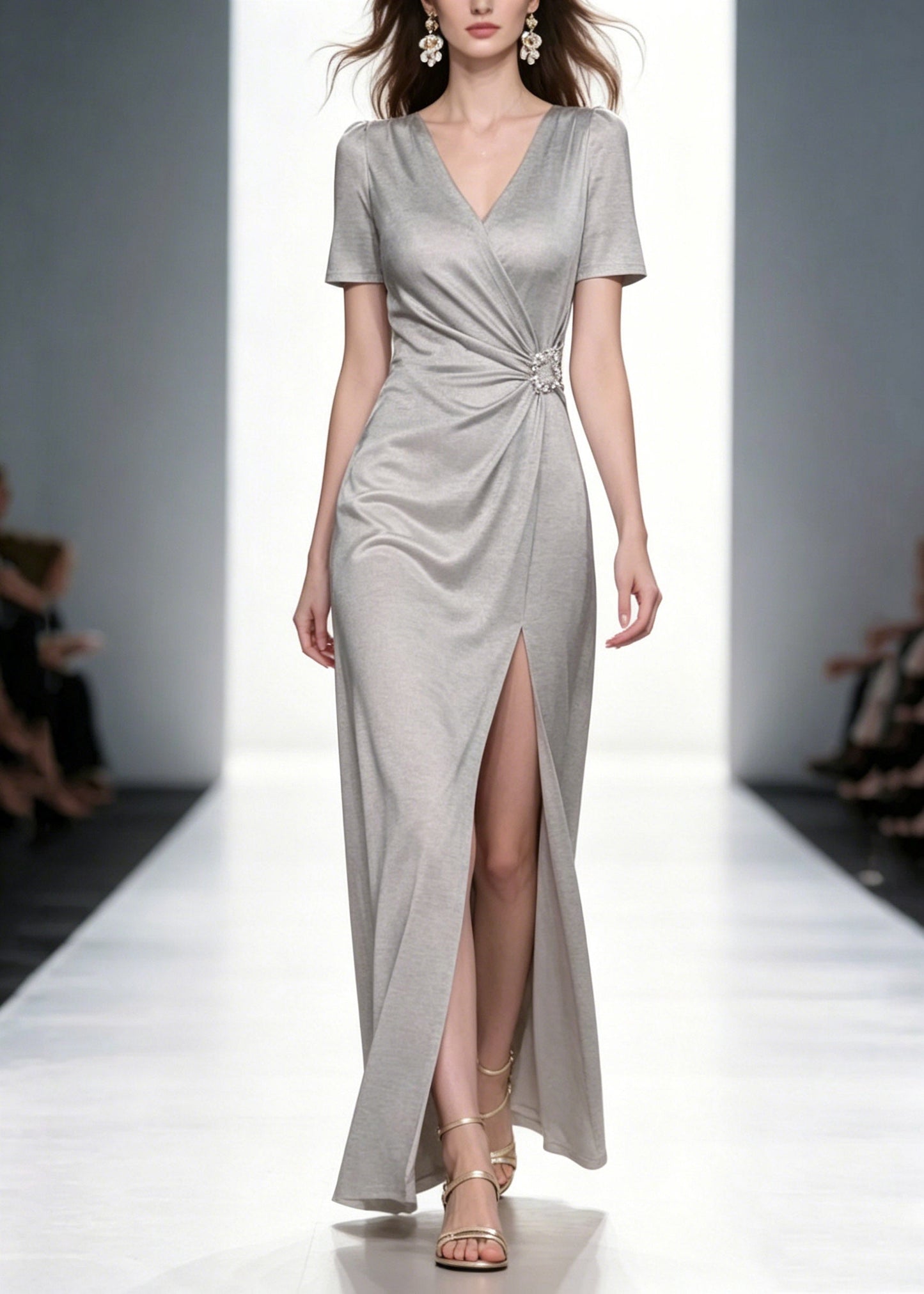 Natural Grey V Neck Wrinkled Long Dresses Summer