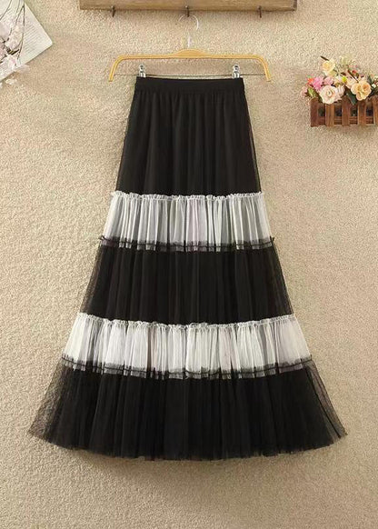 French Apricot Coffee Patchwork High Waist Tulle Pleated Skirts Spring
