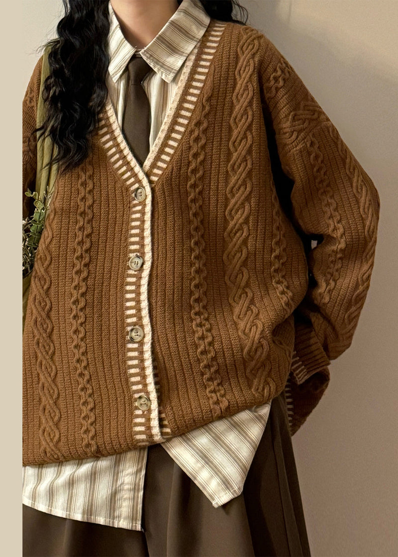 Coffee V Neck Button Cozy Cable Knit Coats Spring
