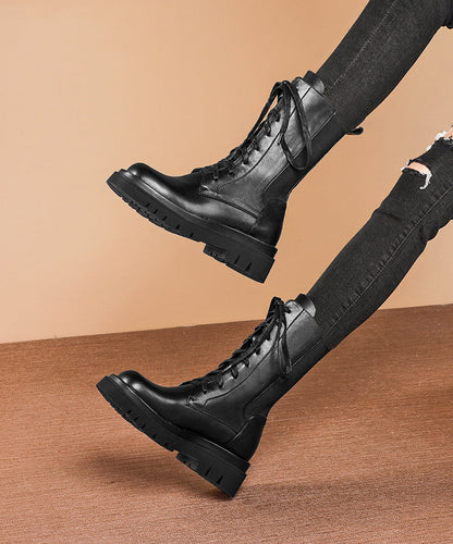 Splicing Platform Boots Green Cowhide Leather Cross Strap