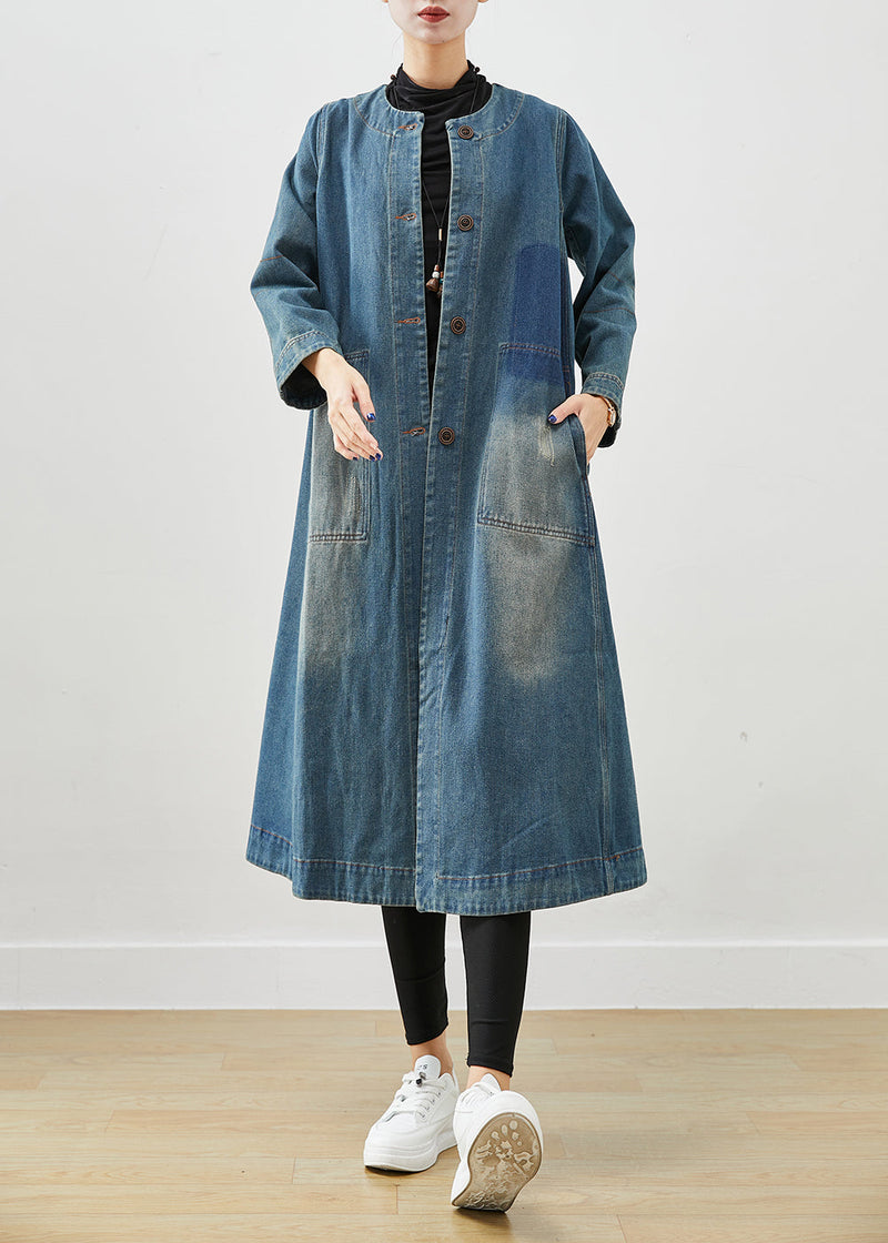 Diy Denim Blue O-neck Pockets Cotton Trench Coat Fall