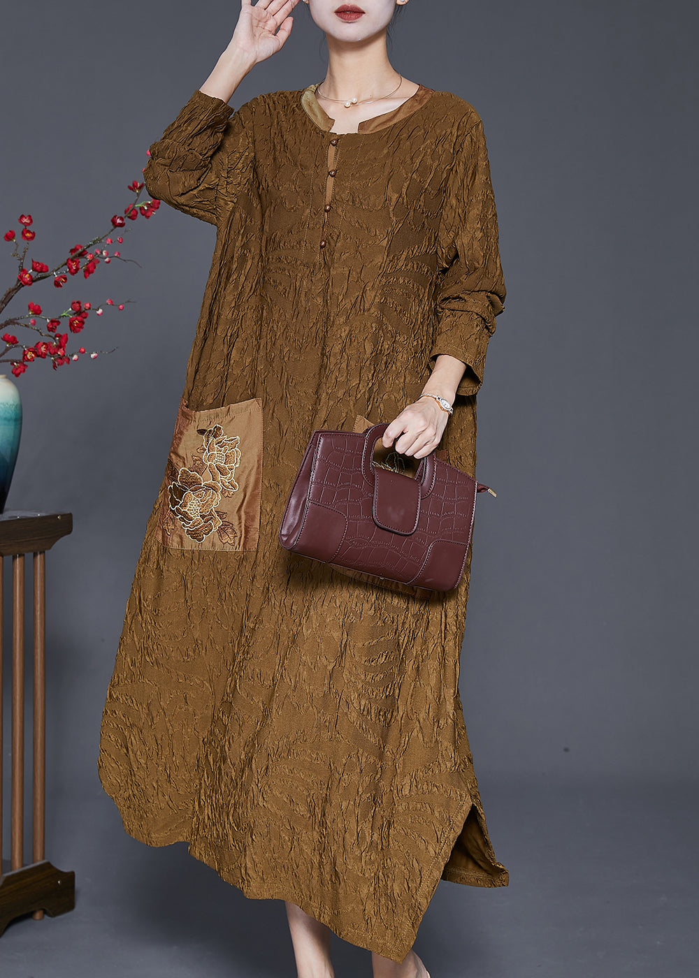 Fine Yellow Embroideried Wrinkled Silk Long Dress Fall