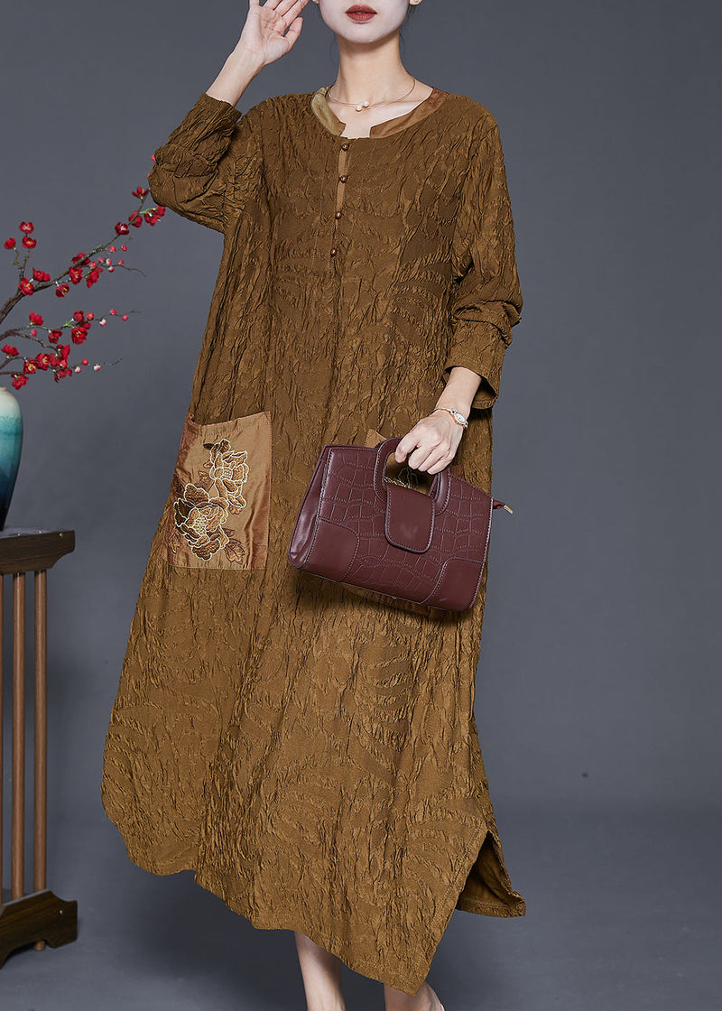 Fine Yellow Embroideried Wrinkled Silk Long Dress Fall