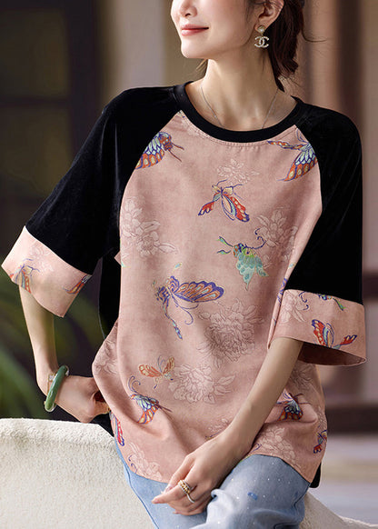 Pink Patchwork Cotton Oriental Tanks Butterfly Print Half Sleeve