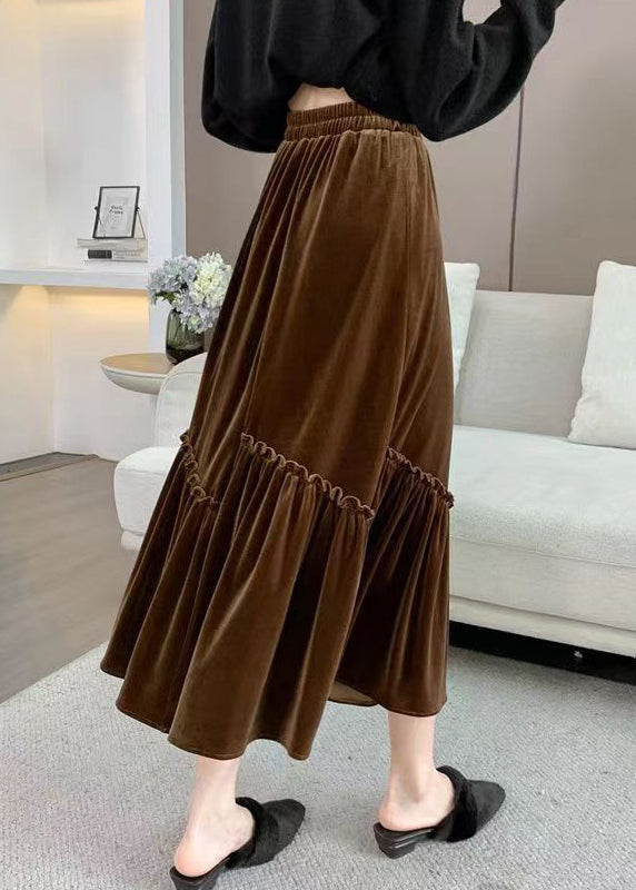 Coffee Ruffled Patchwork Elastic Waist Velour Skirt Spring