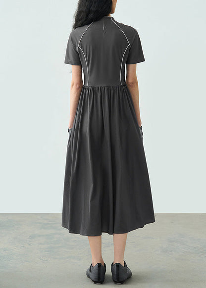 Summer Dark Grey Stand Collar Wrinkled Splicing Dress