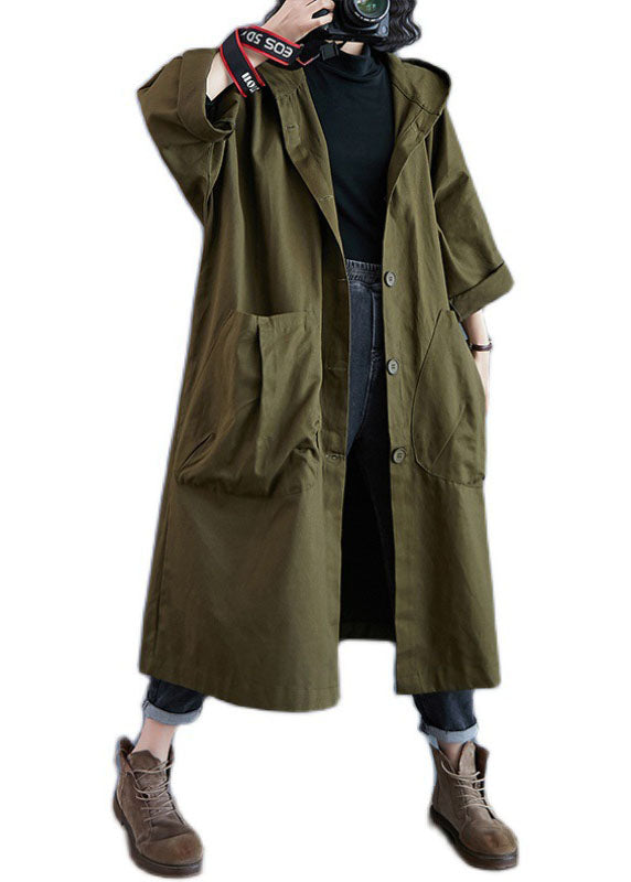 Army Green Pockets Button Fall Hooded Long Sleeve Trench Coats