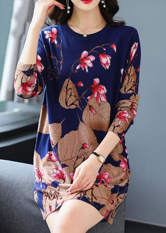 Navy Print Cozy Knit Mid Dress O-neck Long Sleeve