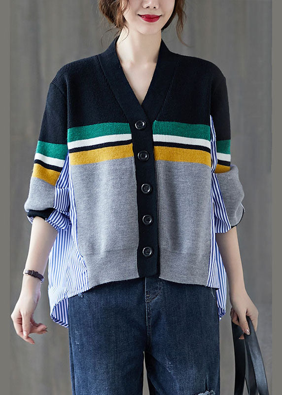 Black Patchwork Striped Button Asymmetrical Design Fall Knit Sweater