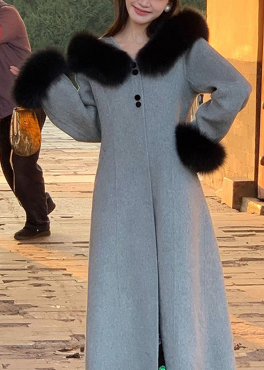 Grey Fur Collar Patchwork Woolen Coat Spring