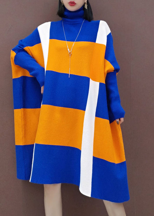 Blue Orange Knit Dresses Batwing Sleeve Spring