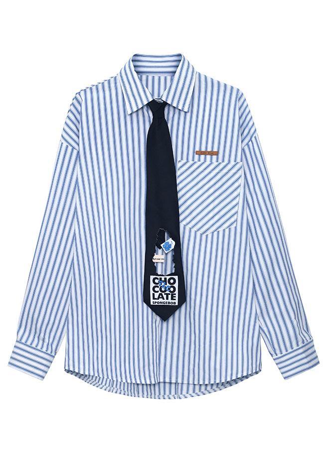 Boutique Blue Peter Pan Collar Button Pockets Fall Striped Shirt Top Long Sleeve