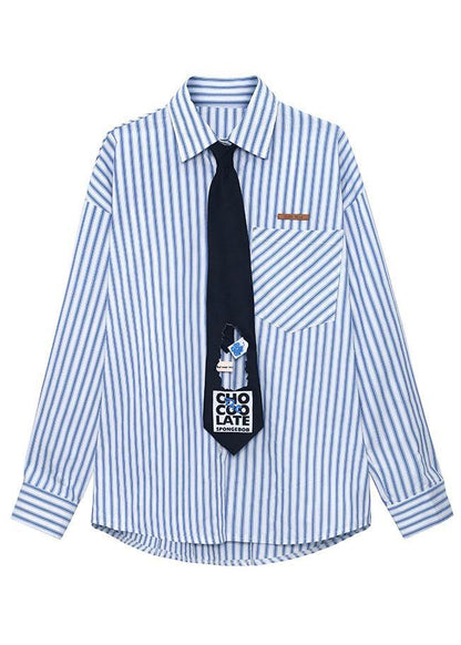 Boutique Blue Peter Pan Collar Button Pockets Fall Striped Shirt Top Long Sleeve