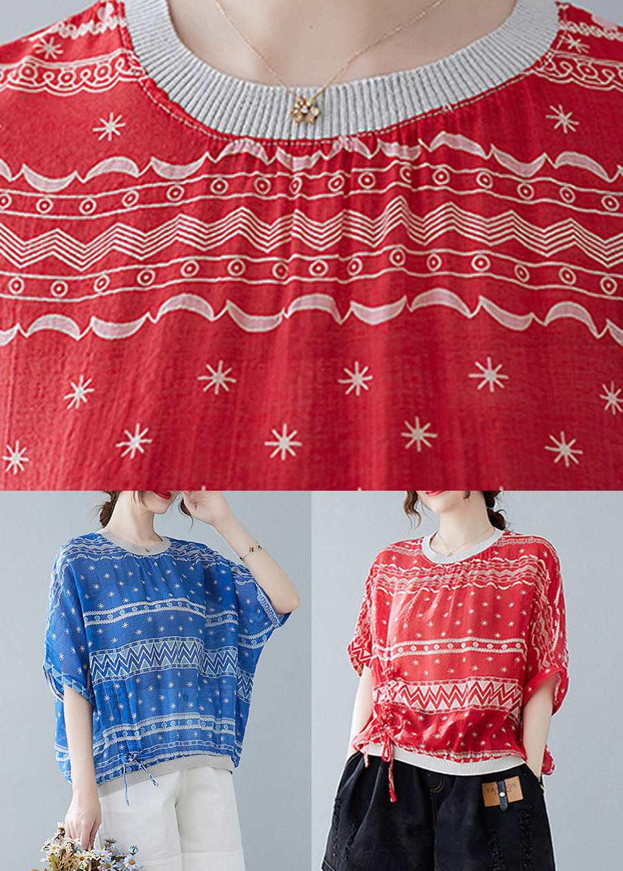Vogue Red O-neck Print Drawstring T Shirt Summer
