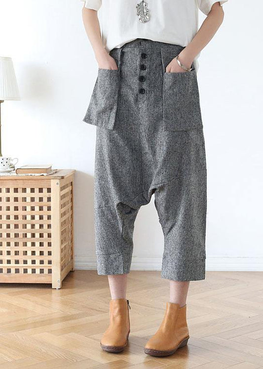 Grey Asymmetrical Design Pockets Cotton Crop Pants