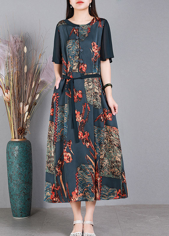 Purple O-neck Patchwork Tie Waist Print Silk Long Dress Short Sleeve