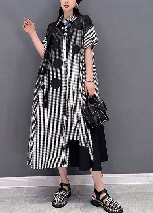 Grey Dot Print Patchwork Long Dress Loose Wrinkled Short Sleeve