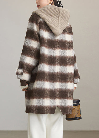 Coffee Plaid Hooded Patchwork Woolen Coats Spring