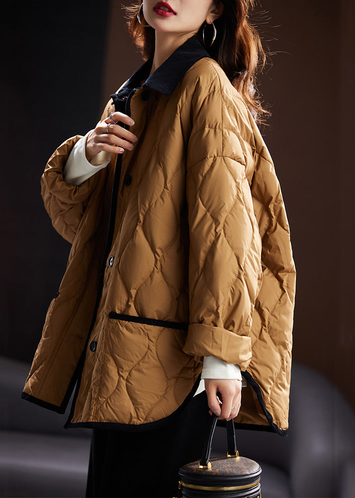 Khaki Peter Pan Collar Pockets Duck Down Coat Long Sleeve