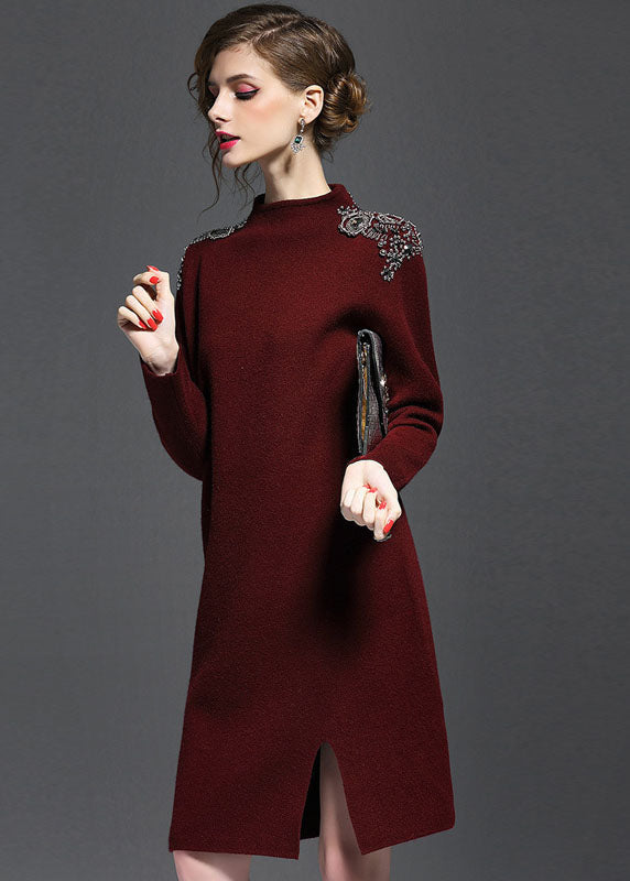 Mulberry Turtle Neck Side Open Knit Sweater Dress Long Sleeve