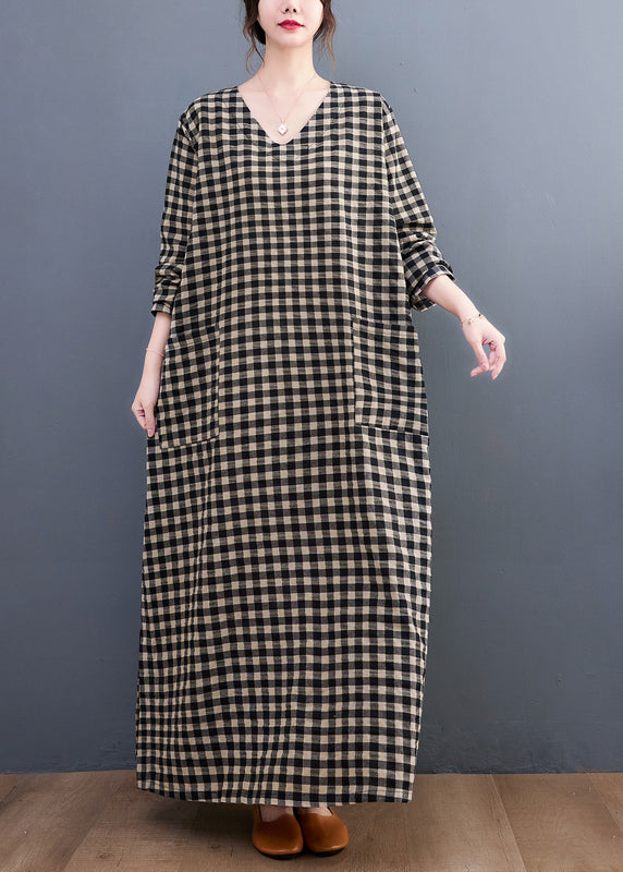 V Neck Plaid Pockets Cotton Long Dress Summer