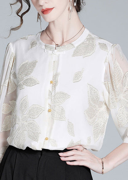 Fine White O-neck Embroideried Print Button Silk Top Spring
