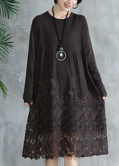 Coffee O Neck Wrinkled Lace Patchwork Knit Dress Fall