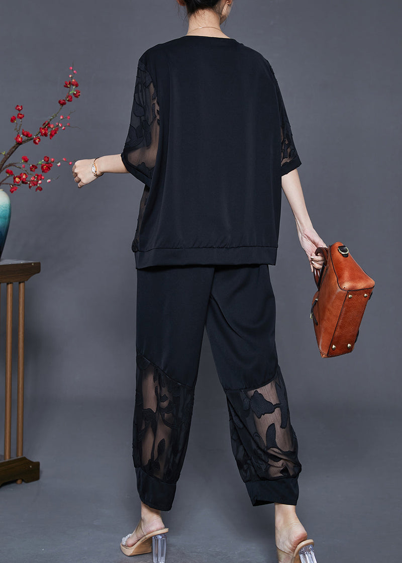 Black Patchwork Silk Two Pieces Set Hollow Out Summer
