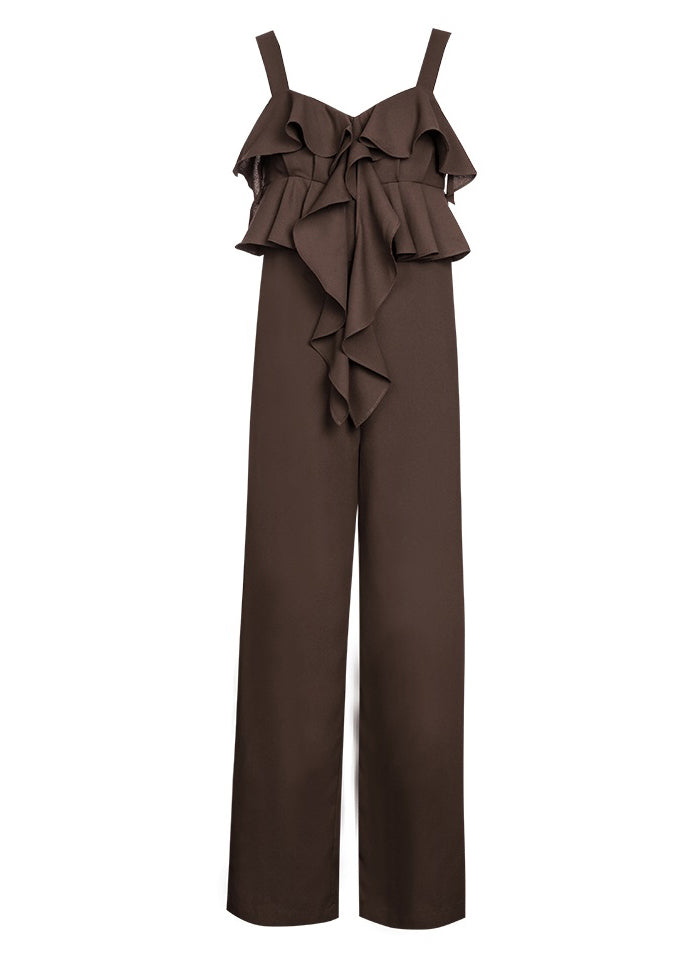 Loose Brown Ruffled Patchwork Suspender Jumpsuits Sleeveles