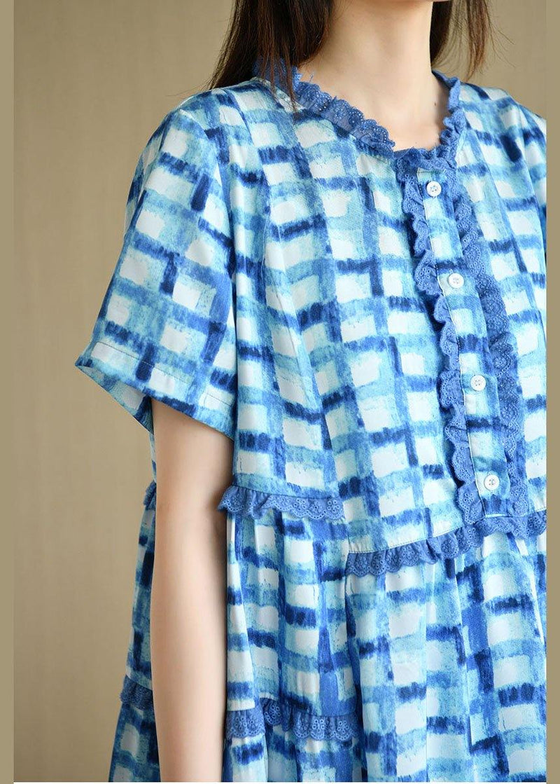 Unique Blue Plaid O-neck a Line Summer Chiffon Dress Short Sleeve