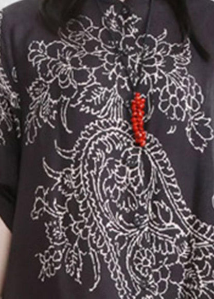 Black Stand Collar Button Print Pockets Linen Cardigans Half Sleeve