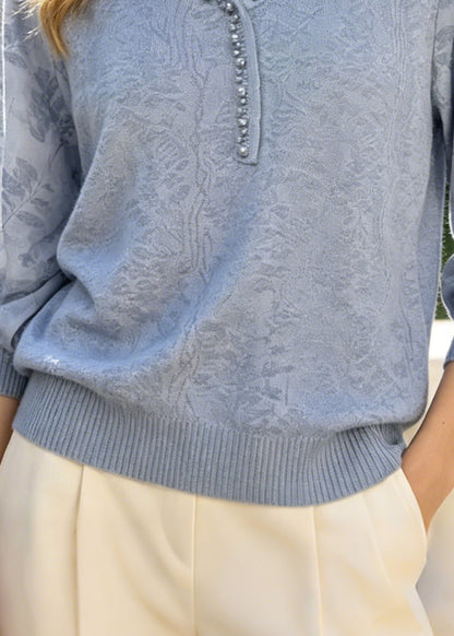 Blue Jacquard Cotton Blouses Handmade Pearl Summer
