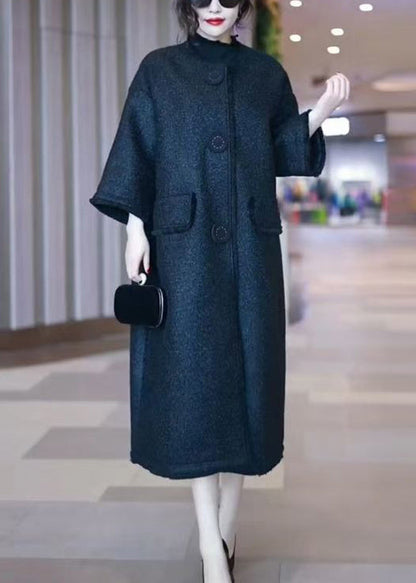 Loose Black O-neck Pockets Woolen Coats Winter