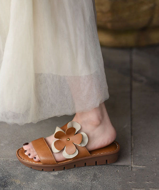 Splicing Platform Beige Comfortable Cowhide Leather Slide Sandals