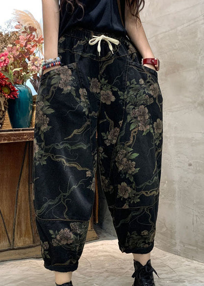 Unique Black Retro Cinched Print Denim Pants Trousers Spring