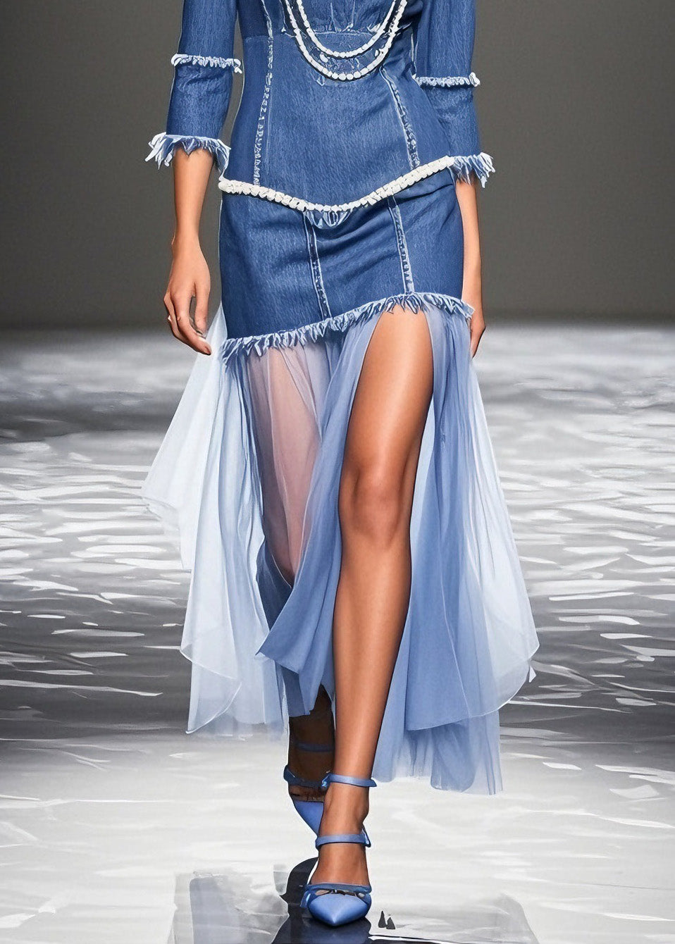 Blue Ruffled Patchwork Denim Dresses Summer