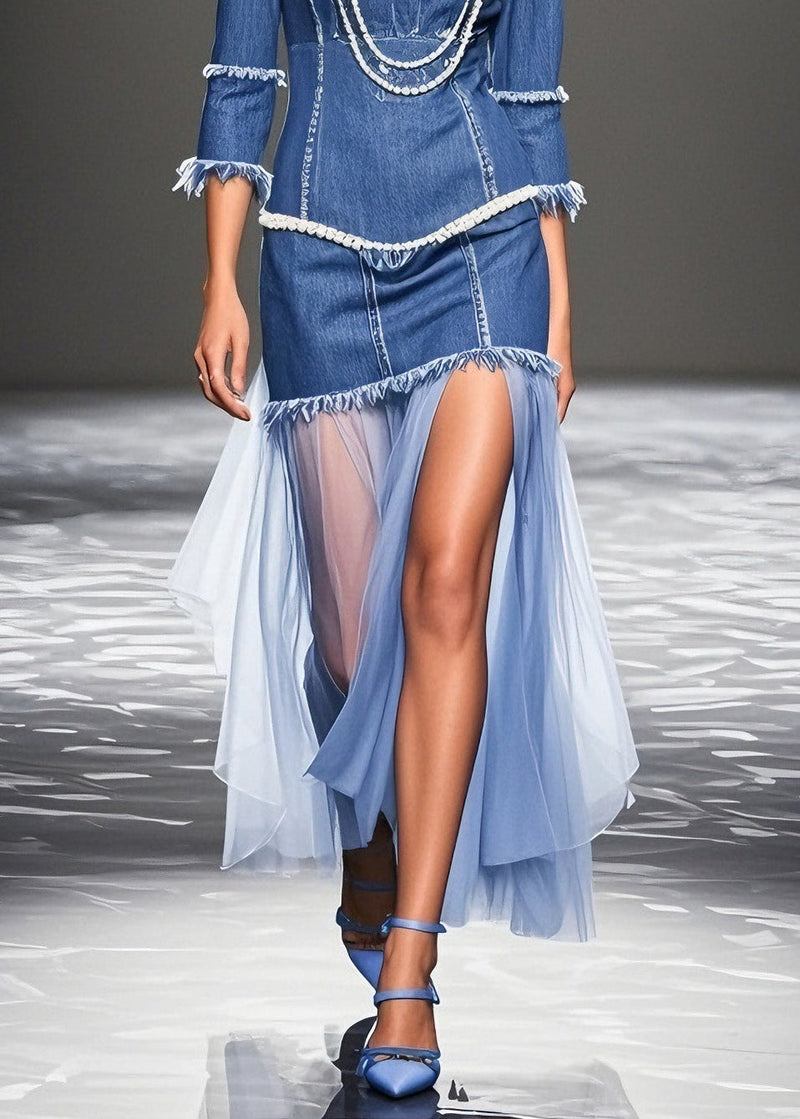 Blue Ruffled Patchwork Denim Dresses Summer