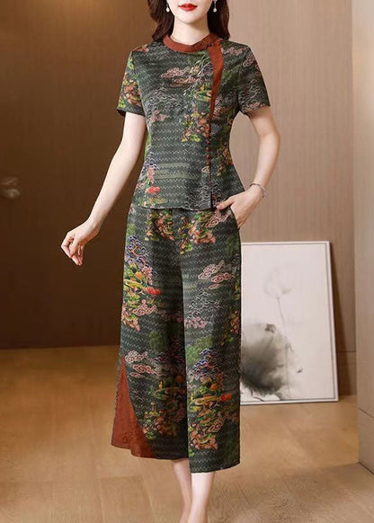 Green Stand Collar Print Patchwork Silk Two Pieces Set Summer