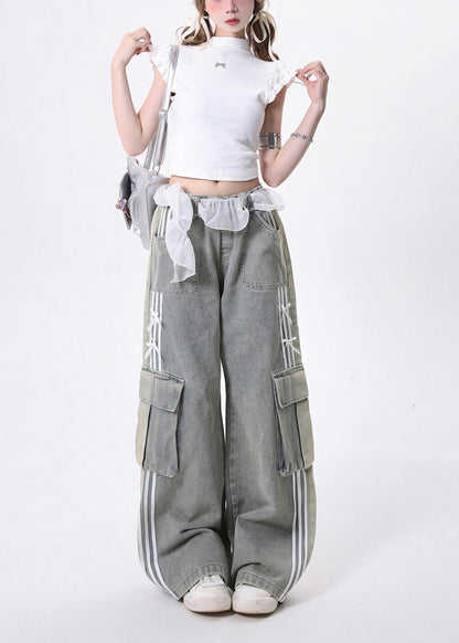 Modern Light Blue Elastic Waist Pockets Denim Pants Fall