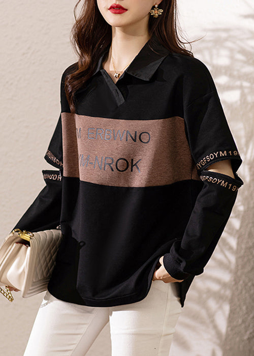 Black Peter Pan Collar Print Patchwork Cotton Sweatshirts Fall