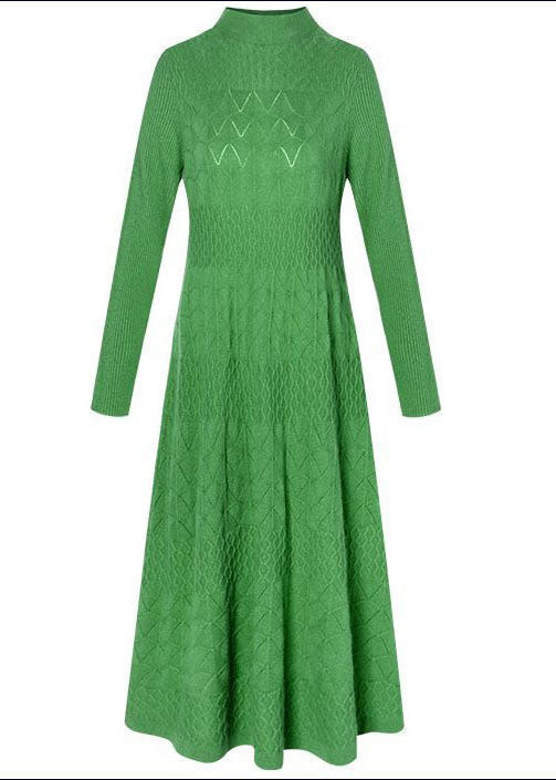 Modern Green Stand Collar Jacquard Color Knitted Long Dress Long Sleeve