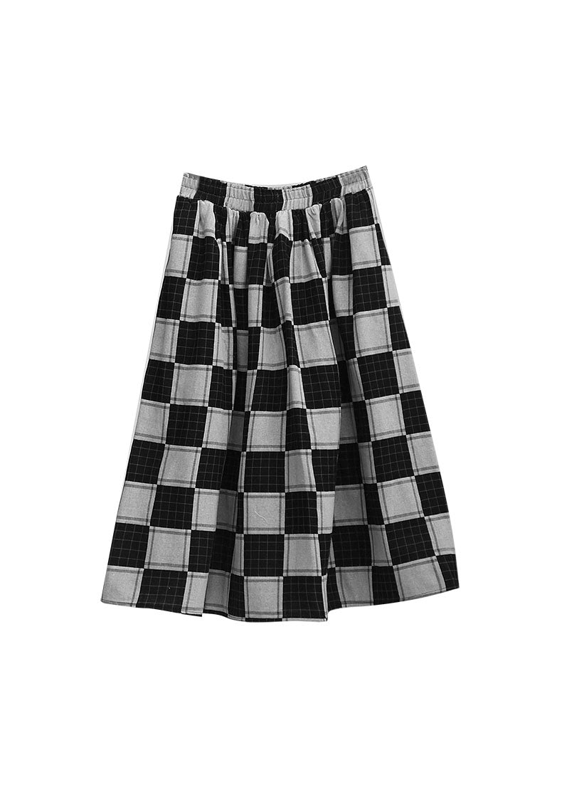 Colorblock Elastic Waist Plaid Skirt Spring